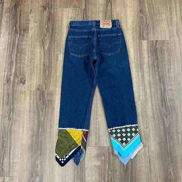 Levi's Upcycled Vintage Silk Scarf Jeans Sz 27 - Picture 5 of 11